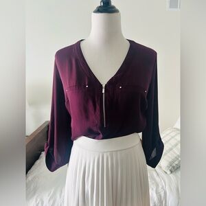 Fortune + Ivy plum 3/4 sleeve v neck blouse with stretchy back